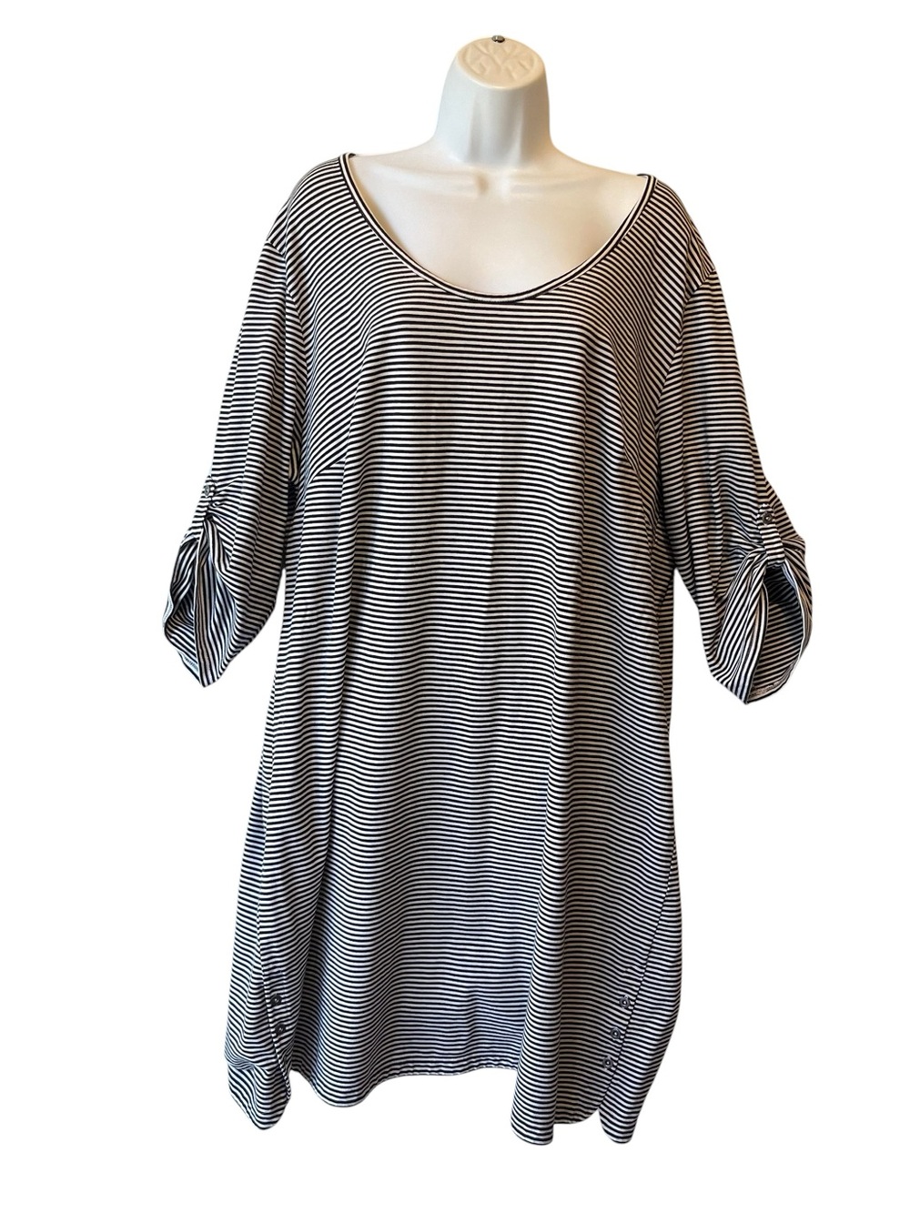 J Jill Perfect Pima dress 3X Black white striped Roll tab sleeves Scoop neck